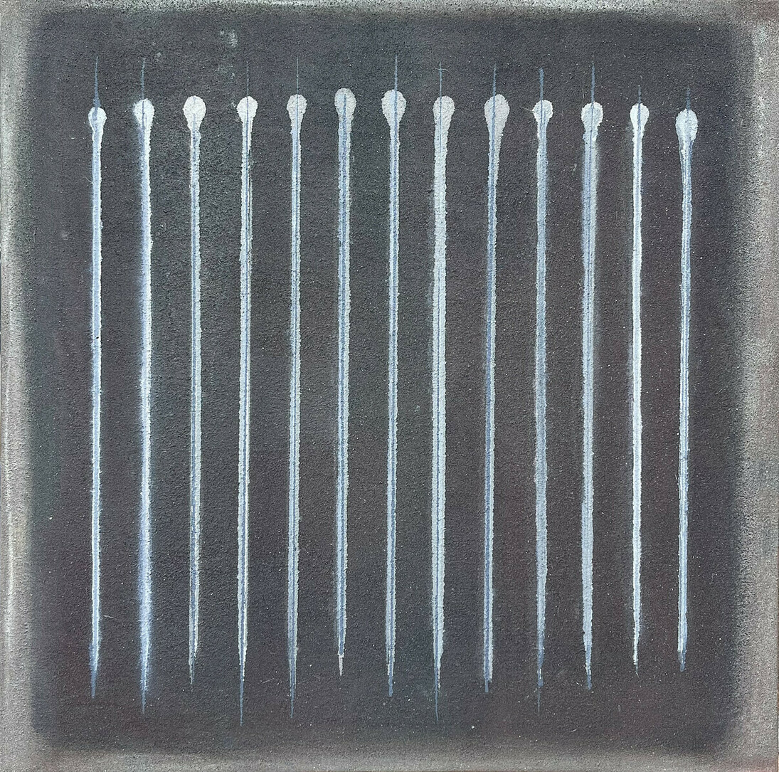 Laura Manuel, Charcoal Icicles, Acrylic and Sand on Canvas 24 x 24”/2024