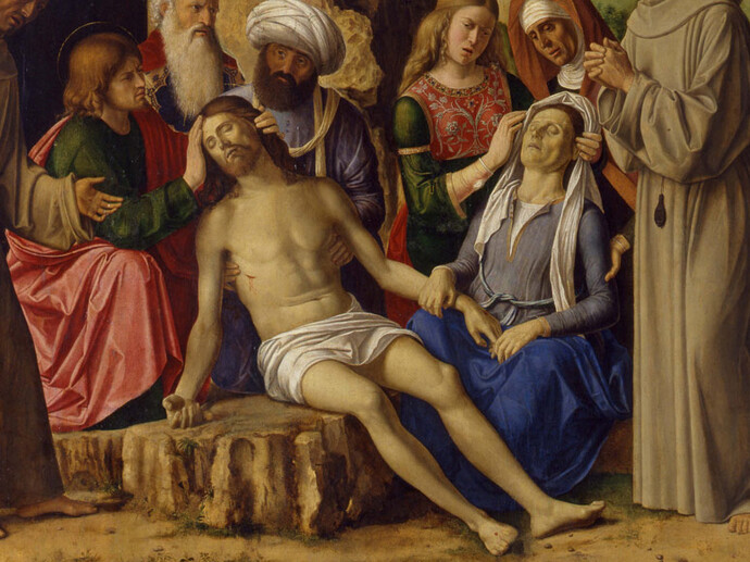 Cima da Conegliano, Compianto su Cristo morto con i santi Francesco e Bernardino, ca. 1495-1505, dettaglio, olio su tavola , 136 x 109 cm
