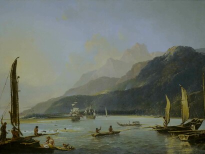 Las naves HMS Resolution (comandada por James Cook) y HMS Adventure pintadas por William Hodges en 1776.