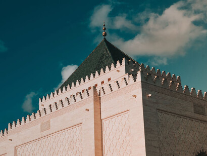 The Mausoleum of Mohammed V, the historical building located on the opposite side of the Hassan Tower on the Yacoub al-Mansour esplanade in Rabat, Morocco