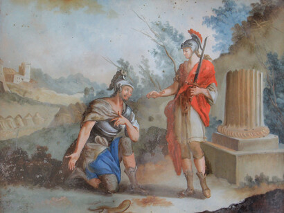 Giosuè inginocchiato davanti al Principe dell’esercito di Geova (in realtà un angelo), che gli dà istruzioni per conquistare la città di Gerico, sullo sfondo