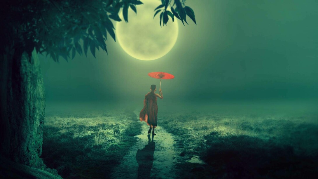 A monk holding an umbrella walking under the moonlight and perfectly encapsulating the belief, create and do philosophy