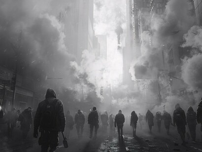 The hazy, chaotic atmosphere of this protest encapsulates the unpredictable and volatile nature of civil resistance, reinforcing the article’s message on the power and peril of mass mobilization