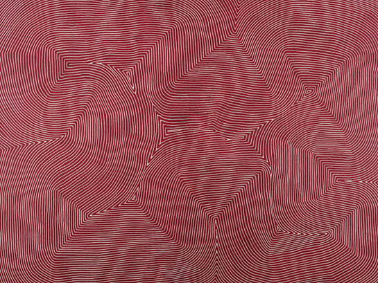 Warlimpirrnga Tjapatjarri, Marawa, 2012
Synthetic polymer paint on canvas, 72 x 96 inches., © The artist licensed by Aboriginal Artists Agency Ltd, courtesy Papunya Tula Artists, Photo: Sid Hoeltzell