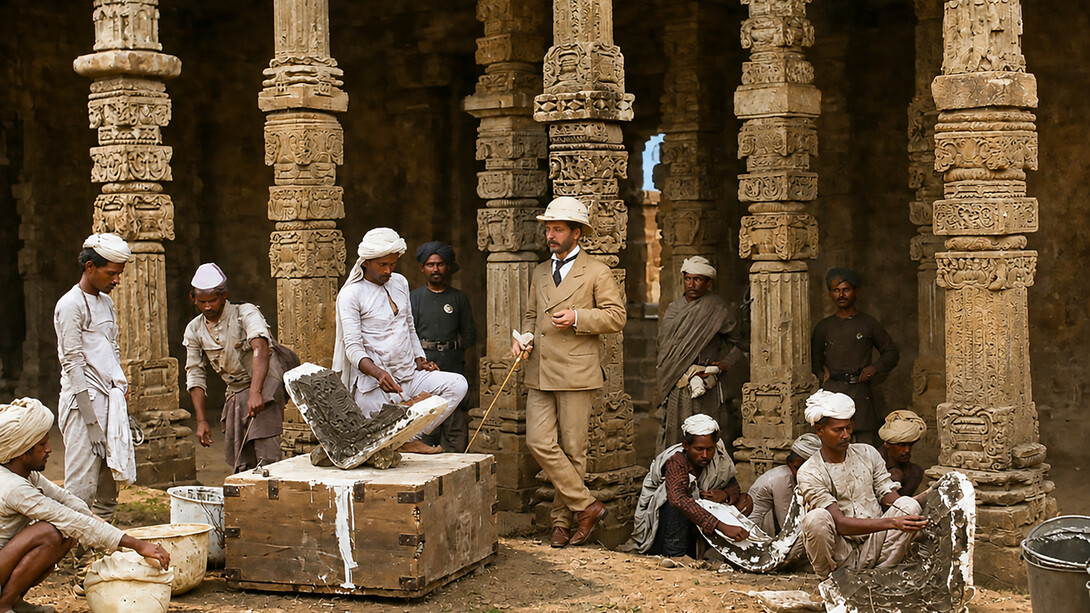 Indian moulders at work under the supervision of a colonial official near Qutb Minar, 1856. Courtesy of the Victoria and Albert Museum, London, UK