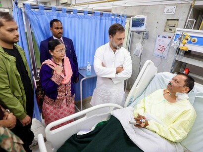 Leader of the Opposition in the Indian Lok Sabha (lower house) Rahul Gandhi of the Congress party visits one of the survivors of the terror attacks in a hospital in Kashmir
