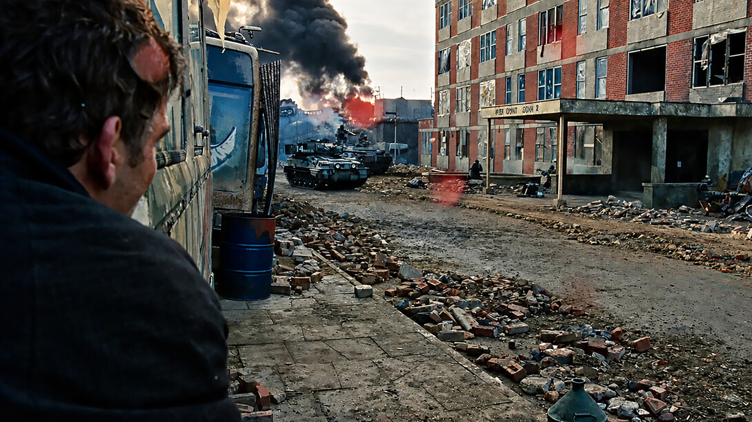 A shattered city street bears the scars of conflict, as smoke rises in the distance and silence settles over the ruins of everyday life