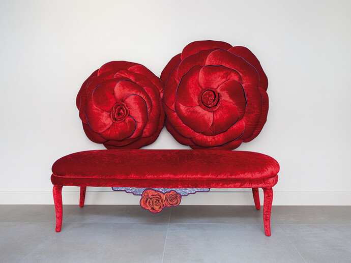 Sicis, Moi et la Rose sofa, Seat and back in velvet
(viscose 82% - silk 18%), mosaics, H back 140 cm, 55 1/8 in, H seat 53 cm, 21 1/4 in, W 70 cm, 29 1/2 in, courtesy of Gallery Elena Shchukina