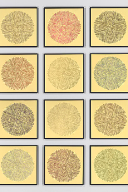 Bharti Kher, Sequence, 2013, Bindis on aluminum composite panel,  24 1/2 x 24 1/2 x 1 3/4 inches” each. Courtesy of Hauser & Wirth, London, Zürich