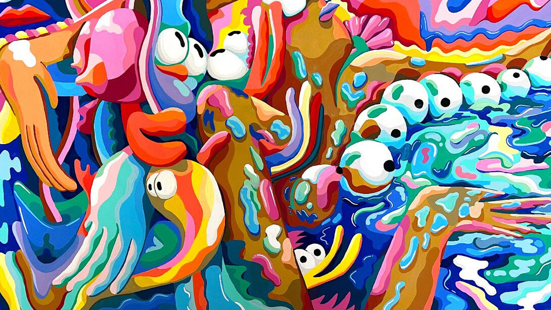 Mike Perry, Swimming In It (detail),
2023.
Gouache on Canvas,
24 x 36 x 1.5 in. (60.96 x 91.44 x 3.81 cm.) Courtesy of the artist and Richard Taittinger Gallery