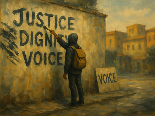 A lone figure paints words of hope and defiance—justice, dignity, voice—on a weathered wall in a quiet city street, capturing the spirit of youth-led resistance across the Global South