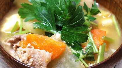 A comforting miso soup made with tender slices of pork and a mix of fresh vegetables, simmered in a savory miso broth. This nourishing soup blends rich umami flavors with hearty ingredients for a satisfying and gut-friendly meal