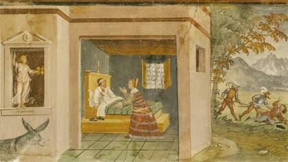 "Gabrina tenta di sedurre Filandro", Vincenzo e Michele de Barberis, XVI secolo. Palazzo Besta, salone d’onore