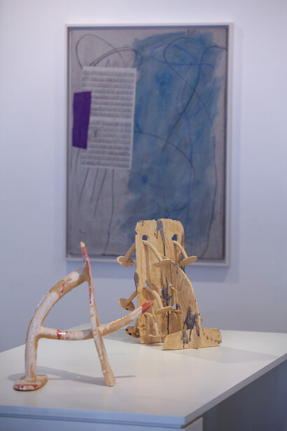 Installation view of Bryan Illsley, 'Fun and Games' (2014) focus on 'Nosey' and 'Riverting', photo © Philip Sayer, courtesy of Marsden Woo Gallery, London