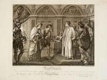Carlo Canella, Cangrande accoglie Dante Alighieri in esilio circa 1835-1840, acquaforte e acquatinta Verona, Musei Civici - Gabinetto Disegni e Stampe