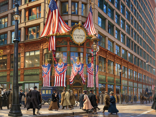 Exterior view of the Carson Pirie Scott & Co. department store building, located at the southeast corner of South State and East Madison Streets in Chicago’s Loop, decorated with bunting and flags in celebration of Abraham Lincoln’s 100th birthday (1909)
