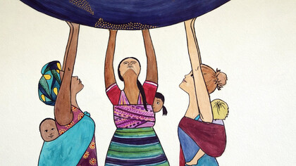 Women across cultures lift the weight of the world together — carrying care, responsibility, and hope for the next generation