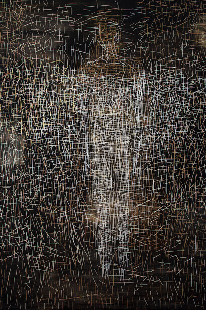 Gatot Pujiarto, Meditation (Meditasi), 2015, Acrylic, textiles and thread on canvas, 200 x 150 cm; 78 3/4 x 59 in.