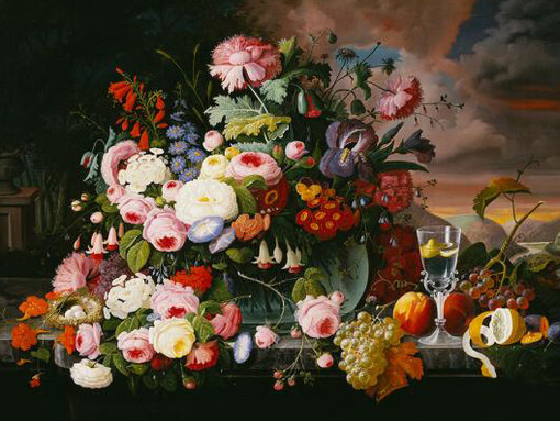 Severin Roesen (1815 or 1816-after 1872) 
Still Life of Flowers and Fruit with a River Landscape in the Distance, 1867 
Oil on canvas
Amon Carter Museum of American Art, Fort Worth, Texas 
