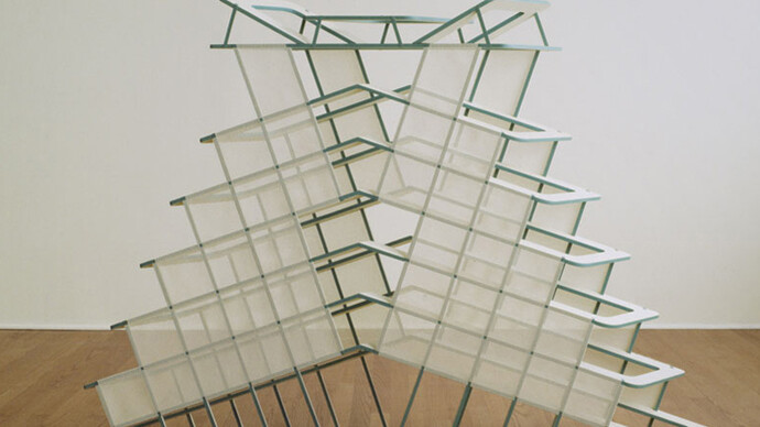 Diane Simpson, Underskirt, 1986, Oil stain and acrylic on MDF with cotton mesh, 44 by 69 by 7 in.  111.8 by 175.3 by 17.8 cm