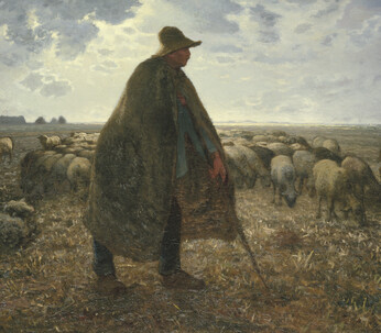 Jean-François Millet (French, 1814–1875). "Shepherd Tending His Flock", early 1860s. Oil on canvas, 32 3/16 x 39 9/16 in. (81.8 x 100.5 cm). Brooklyn Museum, Bequest of William H. Herriman, 21.31. (Photo: Brooklyn Museum)