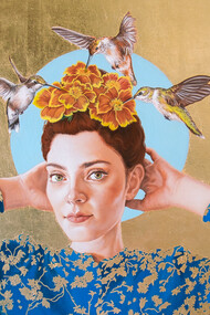 Valentina Porcelli, Blue Bird, olio e foglia oro su legno, 80 x 60 cm, 2021