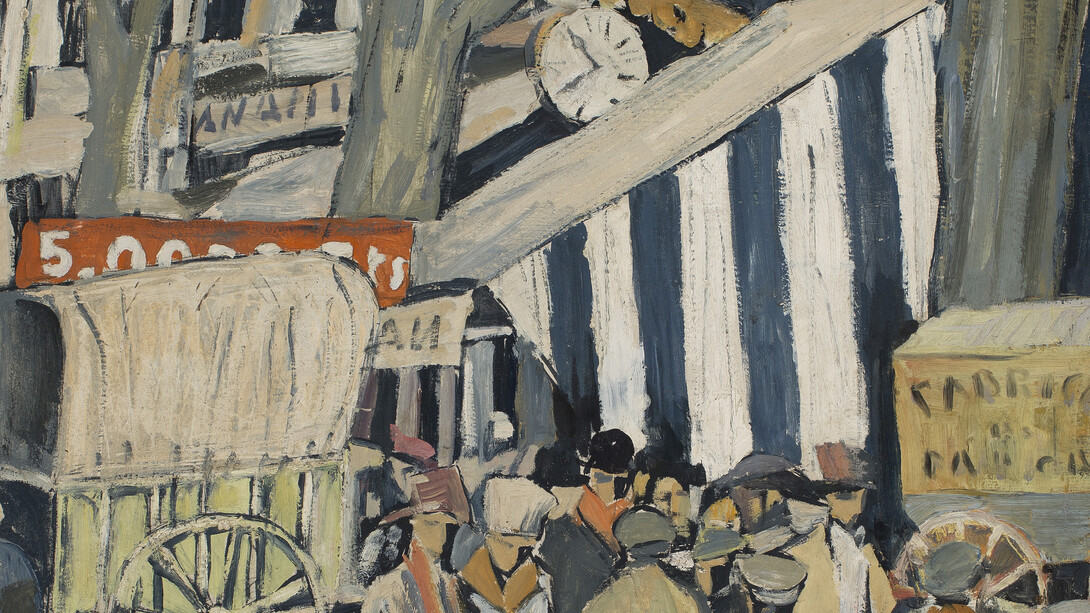 Joaquín Torres-García (Uruguayan. 1874–1949). Entoldado (La Feria) (Canopy [The fair]). 1917. Oil on canvas, 20 1/16 x 28 9/16″ (51 x 72.5 cm). Private collection. © Sucesión Joaquín Torres-García, Montevideo 2015 (detail)