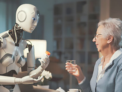 Within the discourse of human-machine interactions explored in the article, an elderly woman is shown receiving personalized care from a proficient robot attendant, underscoring the evolving role of technology in eldercare
