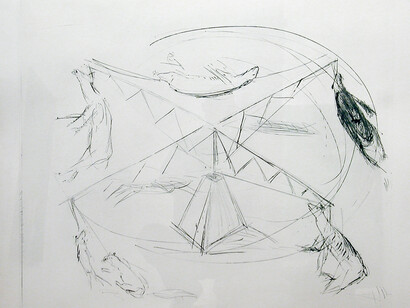 Small Carousel, 1988, Pointe sèche imprimée en noir sur du papier satin Somerset, 39 × 43,8 cm, Courtesy Sperone Westwater, New York © Bruce Nauman / ADAGP, Paris 2015