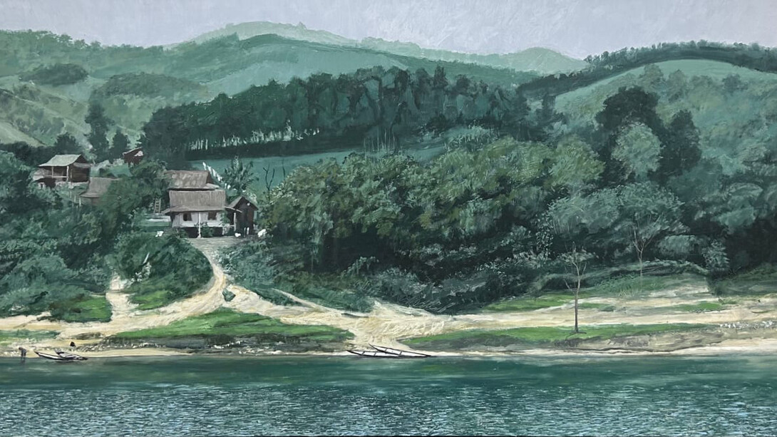 John L. Cleaveland, Jr., In the quiet of midday, Hieu River from Highway 9 (detail). Oil on aluminum panel, 15-1/2 x 36 inches, 16-1/2 x 37 inches framed. Copyright The Artist. Courtesy of Momentum Gallery