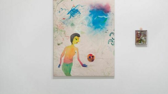 Max Brand, Untitled, 2013, Oil, acrylic, aerosol lacquer, marker, chalk, fineliner on fabric, 180 x 140 cm, 70 7/8 x 55 1/8 ins. And Max Brand, Untitled, 2013, Paperwork collage in artist frame, 32 x 24 cm, 12 5/8 x 9 1/2 ins, Courtesy Vilma Gold, London. Photo: Lewis Ronald