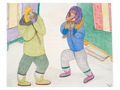 Shuvinai Ashoona, Going to store with neighbour, 2023, colored pencil and ink on paper, 20x25.25 inches. Courtesy the artist and Fort Gansevoort, NYC
