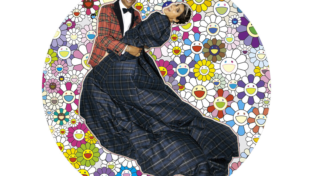 Takashi Murakami, Portrait of Pharrell and Helen - Dance, 2014, Acrylic and platinum leaf on canvas mounted on board
(Photo by Terry Richardson), φ1500 mm, © 2014 Takashi Murakami/Kaikai Kiki Co., Ltd. All Rights Reserved. Courtesy Galerie Perrotin