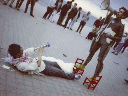 Happening KYRPWWAWAX with Yoshio Nakajima, Panamarenko, Hugo Heyrman and Wout Vercammen, Ostende, Belgium, 1965. Courtesy of Match Gallery © Nakajima Family Archive