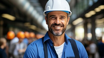 A Danish engineer, exuding confidence and cheer, wears a hardhat while working outdoors, showcasing the resilience of the Danish labor market model
