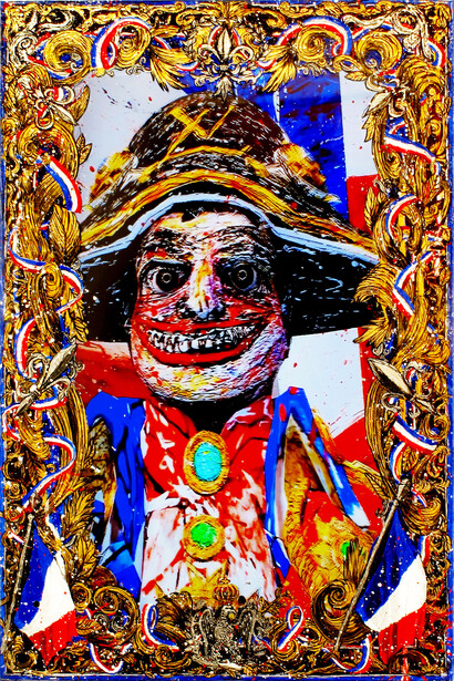 The Enlightened Despot (Napoleon - France), 2015, acrylic, gold leaf, mixed media with LCD screen and video. 52 x 34 inches