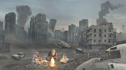 In a city nearly destroyed after the explosions, a man and his family huddle together, trying to find warmth amidst the remnants of war, poverty, and the consequences of mankind's actions, the devastating dystopian scene showcases the harsh realities of the aftermath of conflict and the desperate struggle for survival
