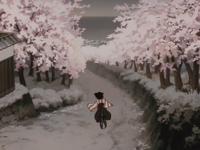 Chiyoko cycling beneath blooming cherry blossoms in Millennium Actress (2001), symbolizing the pursuit of memory, love, and identity across changing eras