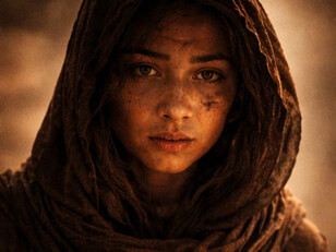Her face carries the dust of a place that will not let her forget