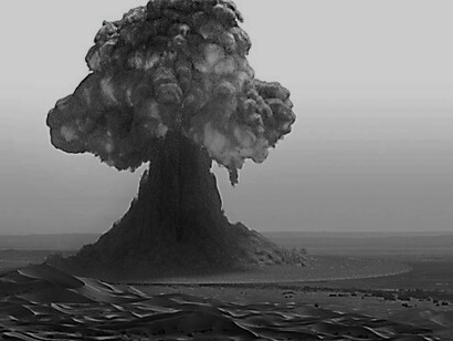 A nuclear explosion in the desert towering over everything