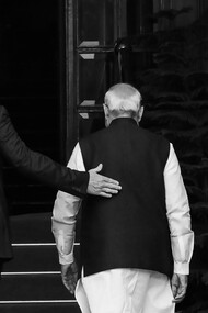 President Donald J. Trump and Indian Prime Minister Narendra Modi walk through the entrance of Hyderabad House in New Delhi on February 25, 2020, before a bilateral program