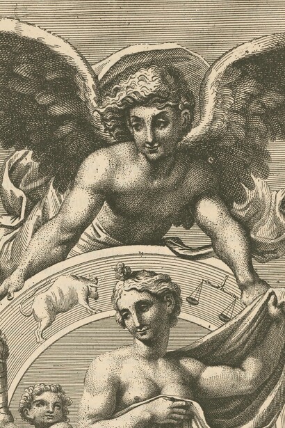 Raphaelis Urbinatis Sanctii Planetarium da Nicolas Dorigny, 1695, stampa del mosaico nella cupola della Cappella Chigi, Basilica di Santa Maria del Popolo, Roma, Italua