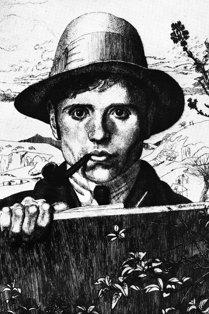 Leon Underwood, Self-Portrait in a Landscape, 1921, Etching on paper, Private Collection