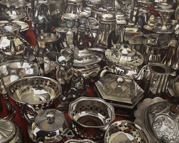 Caption for the silver objects is: Margaret Morrison "Atomic 47", 2016, Oil on canvas, 72 x 96 inches; 182.9 x 243.8 cm; Courtesy of Woodward Gallery, NYC
