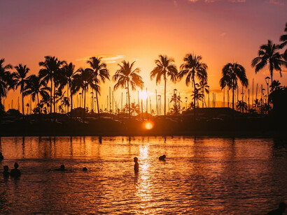 Capture the enchanting beauty of Hawaii's golden hour with a stunning silhouette photo featuring palm trees against the vibrant sunset backdrop, a perfect moment at one of a kind Hawaii in Oauh