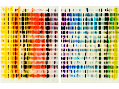 Jaq Chartier, Spectrum Chart - Warm Color vs. Cool Colors, 2015, Acrylic resin, stains, spray paint on wood panel, 40 x 61 inches