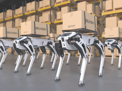 Transforming factory logistics: Illustration depicting a futuristic robotic delivery dog seamlessly delivering goods across the manufacturing floor