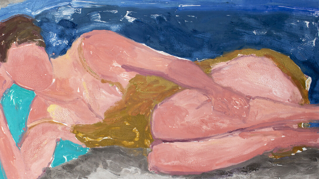 BRIAN LOTTI, COUCH AND CUSHION, 2020, OIL PAINT ON STONEHENGE PAPER, 30” x 22”