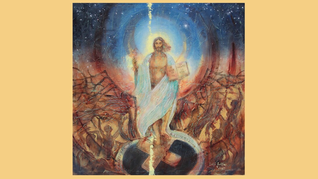Luigi Salvatori, Sinfonia di Resurrezione, acrilico su tela, 100x100 cm, 2025, particolare. Museo Diocesano di Velletri, Velletri, Italia