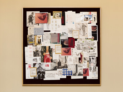f.marquespenteado, Storyboard Javier, 2002-2014, print on paper and fabric, graphite on paper, photographs, newspaper and files on flocked foam framed, Edition: N/A, 143 x 142 x 8 cm. Cortesia de Mendes Wood DM , São Paulo